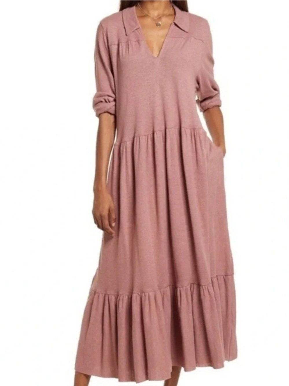 FP Beach Moonlight Cotton Hemp Tiered Midi Dress L Dusty Rose